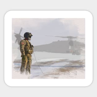 Beautiful watercolor painting of a US army soldier near a US helicopter Sticker